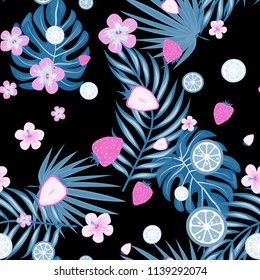Tropical seamless pattern with strawberries, lemon, lime and tropical leaves. Bright fruit pattern with tropics. Background with fruits.