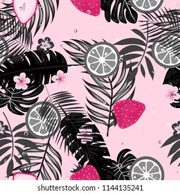 Tropical seamless pattern with strawberries, lemon, lime and tropical leaves. Bright fruit pattern with tropics. Background with fruits.