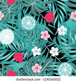 Tropical seamless pattern with strawberries, lemon, lime and tropical leaves. Bright fruit pattern with tropics. Background with fruits.