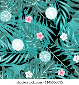 Tropical seamless pattern with strawberries, lemon, lime and tropical leaves. Bright fruit pattern with tropics. Background with fruits.