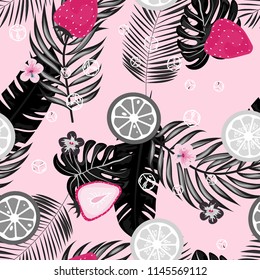 Tropical seamless pattern with strawberries, lemon, lime and tropical leaves. Bright fruit pattern with tropics. Background with fruits.