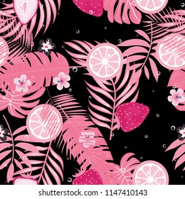 Tropical seamless pattern with strawberries, lemon, lime and tropical leaves. Bright fruit pattern with tropics. Background with fruits.