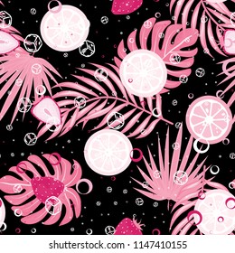 Tropical seamless pattern with strawberries, lemon, lime and tropical leaves. Bright fruit pattern with tropics. Background with fruits.