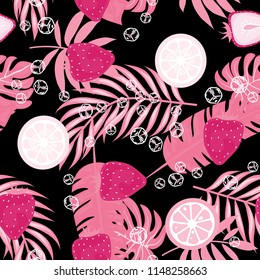 Tropical seamless pattern with strawberries, lemon, lime and tropical leaves. Bright fruit pattern with tropics. Background with fruits.