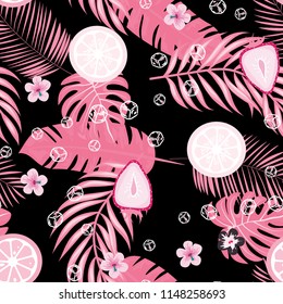 Tropical seamless pattern with strawberries, lemon, lime and tropical leaves. Bright fruit pattern with tropics. Background with fruits.