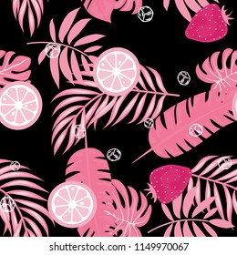 Tropical seamless pattern with strawberries, lemon, lime and tropical leaves. Bright fruit pattern with tropics. Background with fruits.