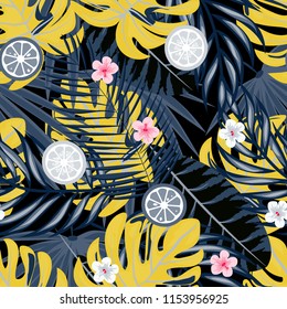 Tropical seamless pattern with strawberries, lemon, lime and tropical leaves. Bright fruit pattern with tropics. Background with fruits.