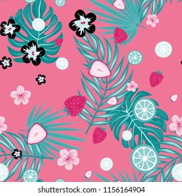 Tropical seamless pattern with strawberries, lemon, lime and tropical leaves. Bright fruit pattern with tropics. Background with fruits.