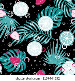 Tropical seamless pattern with strawberries, lemon, lime and tropical leaves. Bright fruit pattern with tropics. Background with fruits.