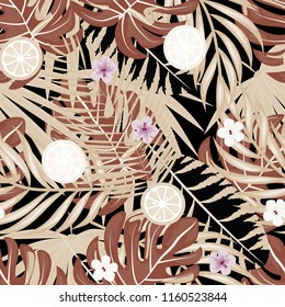 Tropical seamless pattern with strawberries, lemon, lime and tropical leaves. Bright fruit pattern with tropics. Background with fruits.