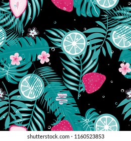 Tropical seamless pattern with strawberries, lemon, lime and tropical leaves. Bright fruit pattern with tropics. Background with fruits.