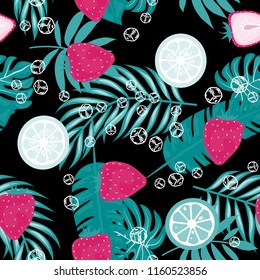 Tropical seamless pattern with strawberries, lemon, lime and tropical leaves. Bright fruit pattern with tropics. Background with fruits.