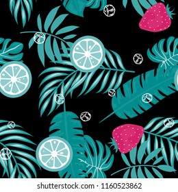 Tropical seamless pattern with strawberries, lemon, lime and tropical leaves. Bright fruit pattern with tropics. Background with fruits.