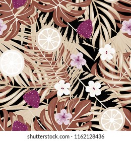 Tropical seamless pattern with strawberries, lemon, lime and tropical leaves. Bright fruit pattern with tropics. Background with fruits.