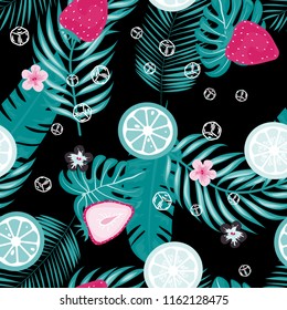 Tropical seamless pattern with strawberries, lemon, lime and tropical leaves. Bright fruit pattern with tropics. Background with fruits.