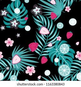 Tropical seamless pattern with strawberries, lemon, lime and tropical leaves. Bright fruit pattern with tropics. Background with fruits.