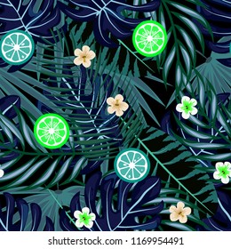 Tropical seamless pattern with strawberries, lemon, lime and tropical leaves. Bright fruit pattern with tropics. Background with fruits.