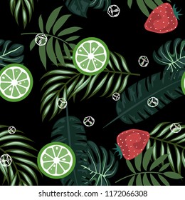 Tropical seamless pattern with strawberries, lemon, lime and tropical leaves. Bright fruit pattern with tropics. Background with fruits.