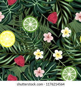 Tropical seamless pattern with strawberries, lemon, lime and tropical leaves. Bright fruit pattern with tropics. Background with fruits.