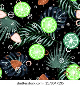 Tropical seamless pattern with strawberries, lemon, lime and tropical leaves. Bright fruit pattern with tropics. Background with fruits.
