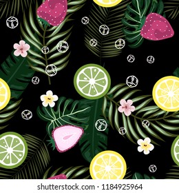 Tropical seamless pattern with strawberries, lemon, lime and tropical leaves. Bright fruit pattern with tropics. Background with fruits.