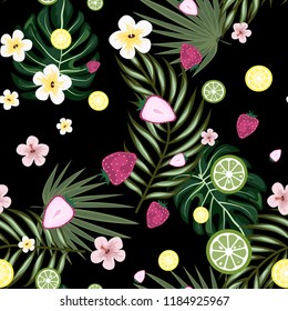 Tropical seamless pattern with strawberries, lemon, lime and tropical leaves. Bright fruit pattern with tropics. Background with fruits.