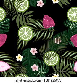 Tropical seamless pattern with strawberries, lemon, lime and tropical leaves. Bright fruit pattern with tropics. Background with fruits.