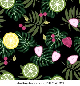 Tropical seamless pattern with strawberries, lemon, lime and tropical leaves. Bright fruit pattern with tropics. Background with fruits.