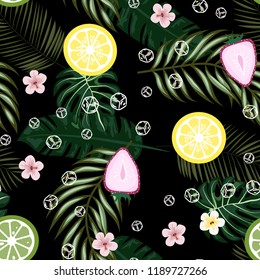 Tropical seamless pattern with strawberries, lemon, lime and tropical leaves. Bright fruit pattern with tropics. Background with fruits.