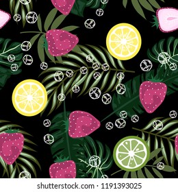 Tropical seamless pattern with strawberries, lemon, lime and tropical leaves. Bright fruit pattern with tropics. Background with fruits.
