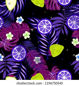 Tropical seamless pattern with strawberries, lemon, lime and tropical leaves. Bright fruit pattern with tropics. Background with fruits.
