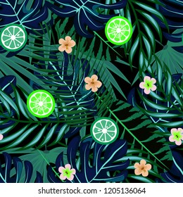 Tropical seamless pattern with strawberries, lemon, lime and tropical leaves. Bright fruit pattern with tropics. Background with fruits.