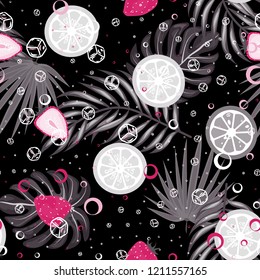Tropical seamless pattern with strawberries, lemon, lime and tropical leaves. Bright fruit pattern with tropics. Background with fruits.