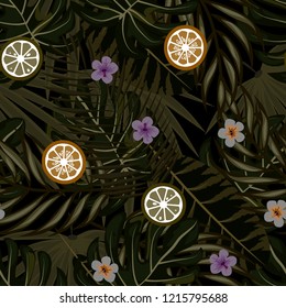 Tropical seamless pattern with strawberries, lemon, lime and tropical leaves. Bright fruit pattern with tropics. Background with fruits.