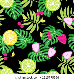 Tropical seamless pattern with strawberries, lemon, lime and tropical leaves. Bright fruit pattern with tropics. Background with fruits.