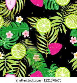 Tropical seamless pattern with strawberries, lemon, lime and tropical leaves. Bright fruit pattern with tropics. Background with fruits.