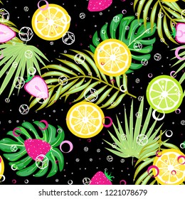 Tropical seamless pattern with strawberries, lemon, lime and tropical leaves. Bright fruit pattern with tropics. Background with fruits.