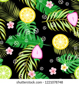 Tropical seamless pattern with strawberries, lemon, lime and tropical leaves. Bright fruit pattern with tropics. Background with fruits.