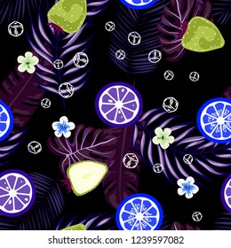 Tropical seamless pattern with strawberries, lemon, lime and tropical leaves. Bright fruit pattern with tropics. Background with fruits.