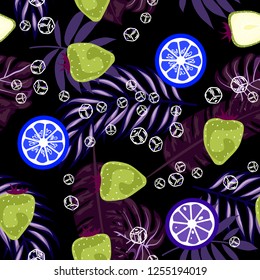 Tropical seamless pattern with strawberries, lemon, lime and tropical leaves. Bright fruit pattern with tropics. Background with fruits.