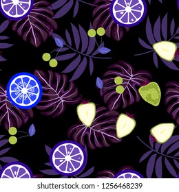 Tropical seamless pattern with strawberries, lemon, lime and tropical leaves. Bright fruit pattern with tropics. Background with fruits.