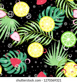 Tropical seamless pattern with strawberries, lemon, lime and tropical leaves. Bright fruit pattern with tropics. Background with fruits.