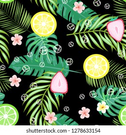 Tropical seamless pattern with strawberries, lemon, lime and tropical leaves. Bright fruit pattern with tropics. Background with fruits.