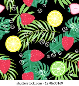 Tropical seamless pattern with strawberries, lemon, lime and tropical leaves. Bright fruit pattern with tropics. Background with fruits.