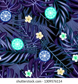 Tropical seamless pattern with strawberries, lemon, lime and tropical leaves. Bright fruit pattern with tropics. Background with fruits.