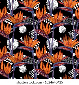 Tropical seamless pattern with strelitzia flowers, design elements. Exotic pattern for invitations, cards, print, gift wrap, manufacturing, textile, fabric, wallpapers