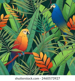 Tropical seamless pattern with strelitzia leaves, areca palm. Vector illustration of parrot. For fabric, textile, wrapping paper, cover, package. Tropical leaves.