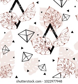 Tropical seamless pattern. Stylish vector print with monochrome monstera leaves and black graphic elements.