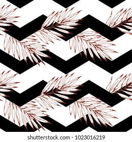 Tropical seamless pattern. Stylish vector print with monochrome tropical leaves and black graphic elements.