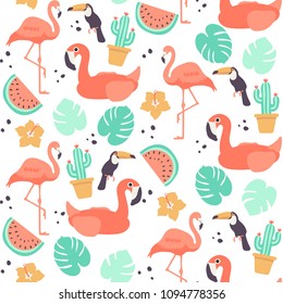 Tropical seamless pattern - summer background design with flamingo, toucan, cactus, watermelon, palm leaf and other summer themed elements